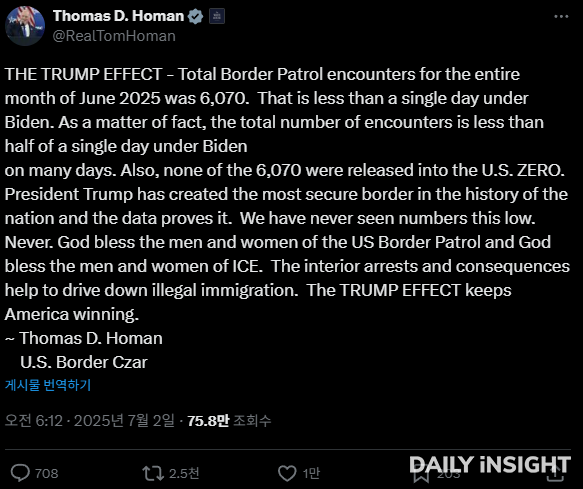 톰 호먼의 게시글 | 출처: Thomas Homan X